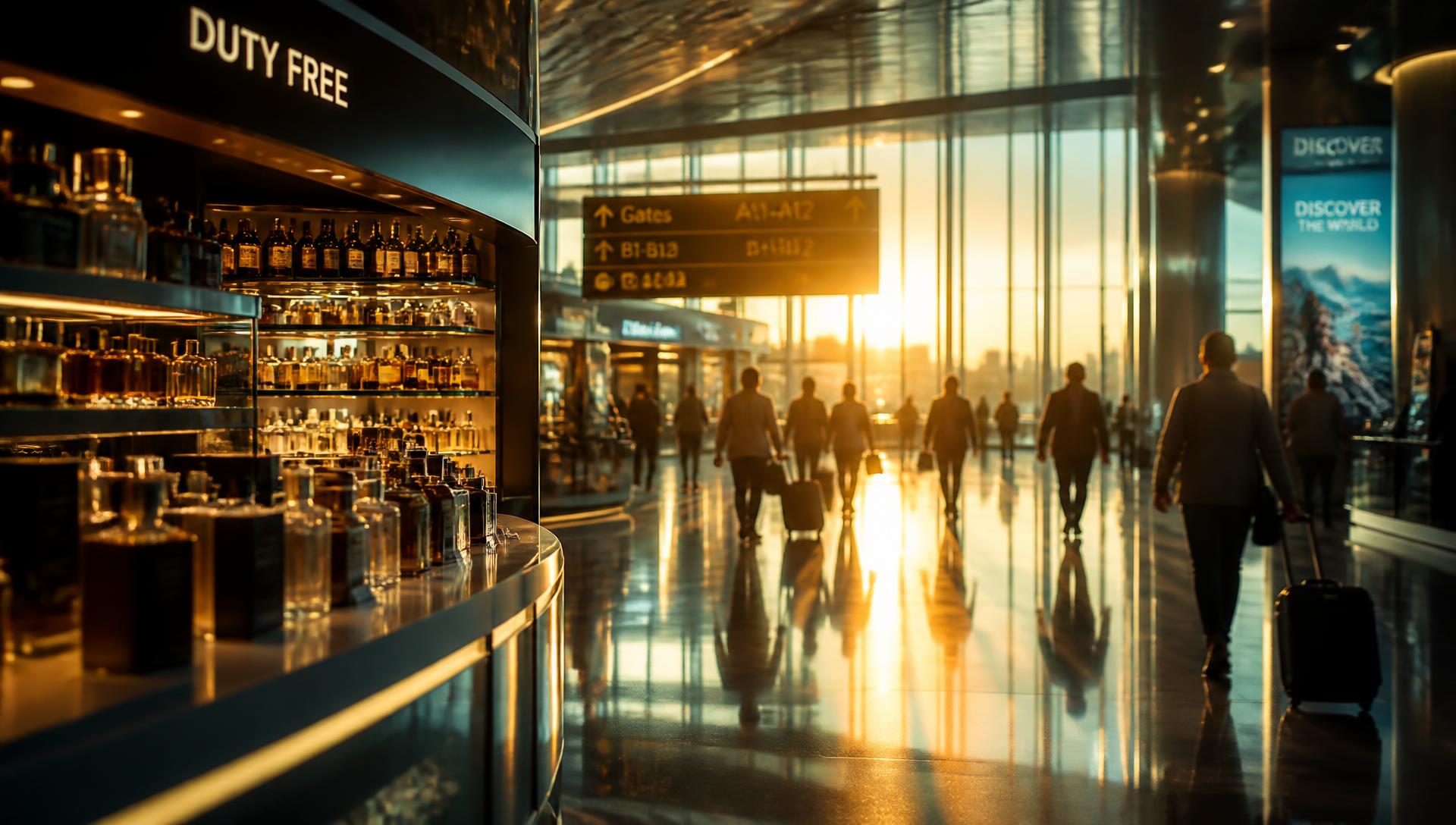 Travellers walking past a duty free store in an airport terminal at sunset